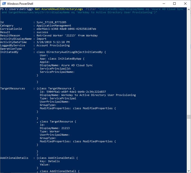 Screenshot shows the result of the Get-Azure A D Audit Directory Logs command.