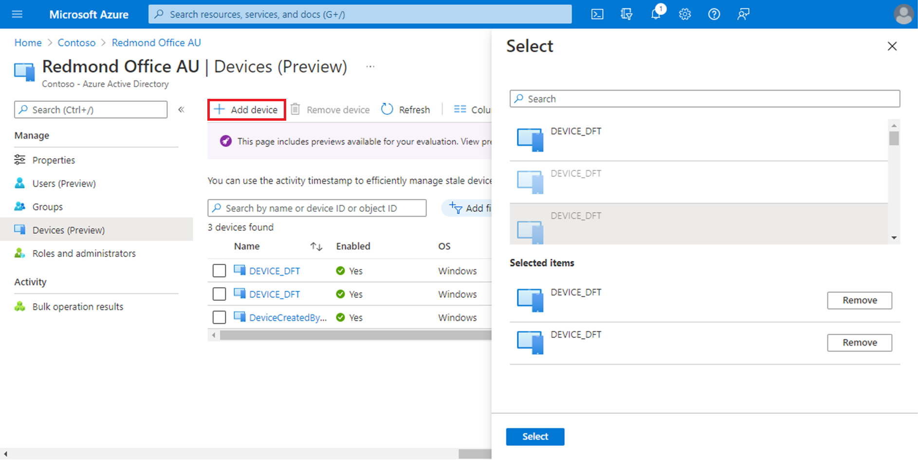 Screenshot of adding multiple devices to an administrative unit.