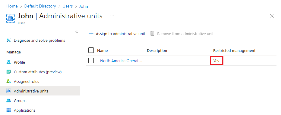 Screenshot of the Administrative units page with the Restricted management column.