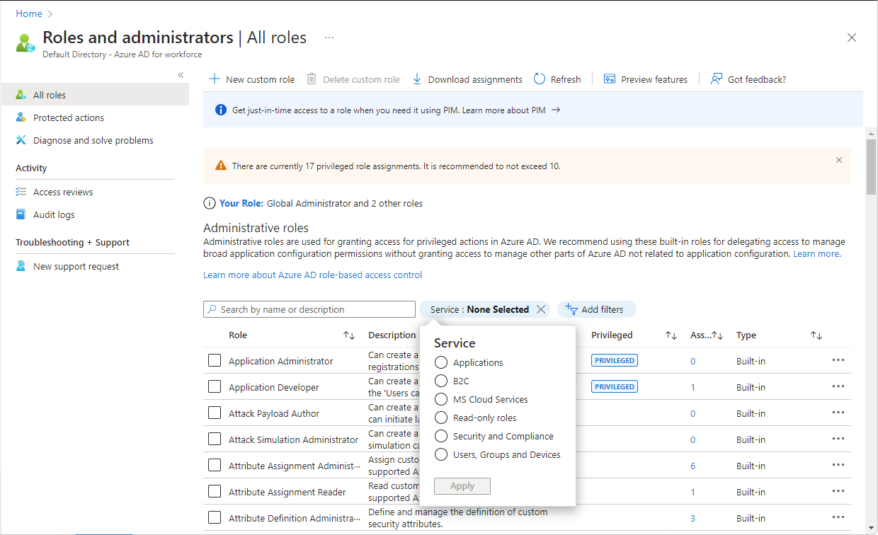 Roles and administrators page in Azure AD with Service filter open