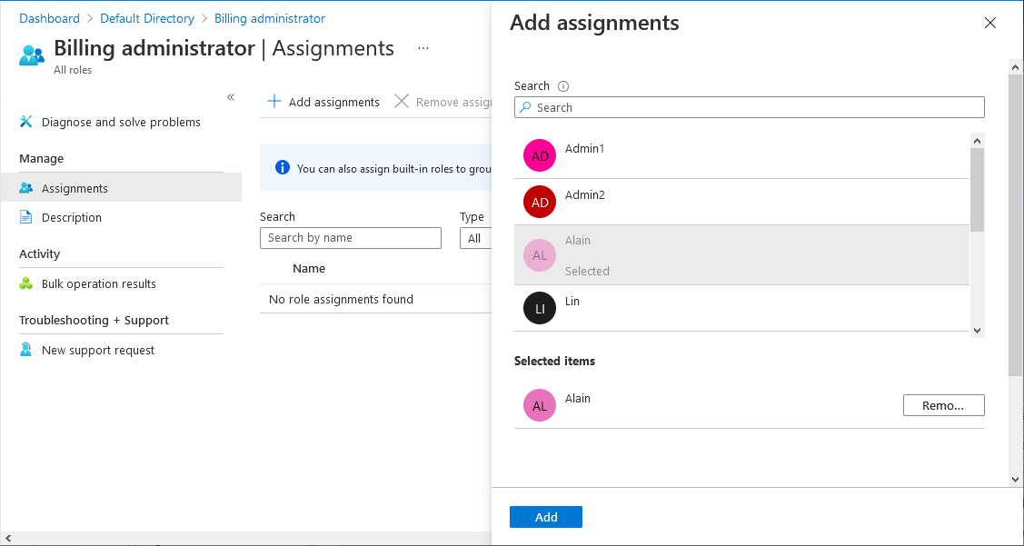 Add assignments pane for selected role.