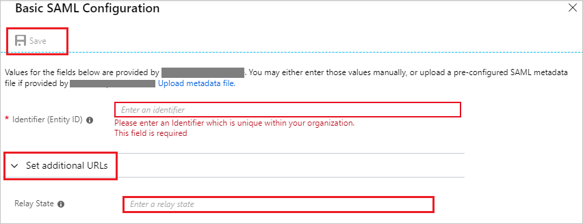 Screenshot shows the Basic SAML Configuration, where you can enter Identifier, Reply U R L, and select Save.