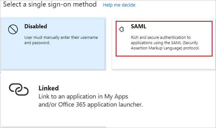 Screenshot of Select a single sign-on method, with SAML highlighted