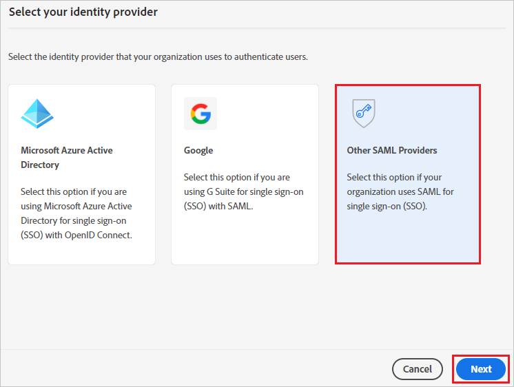 Adobe Identity Management saml providers