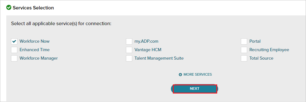 Screenshot for services selection.