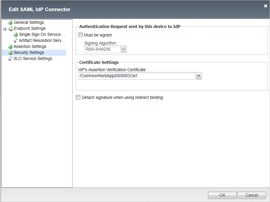 Screenshot that shows the Edit SAML IdP Connector screen.