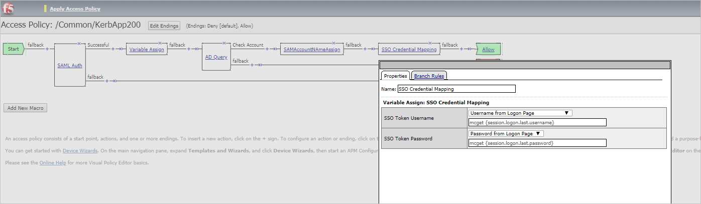 Screenshot that shows the values in the SSO Token Name and SSO Token Password fields.