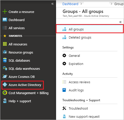 Screenshot shows the Azure portal menu with Microsoft Entra ID selected and All groups selected in the Groups pane.