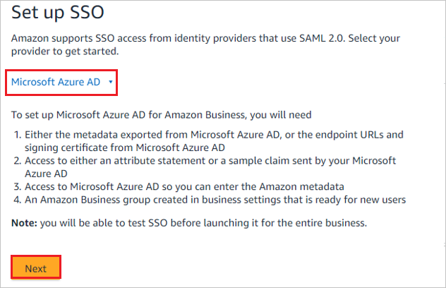 Screenshot shows Set up S S O, with Microsoft Entra ID and Next selected.