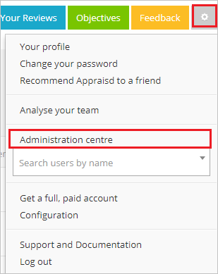 Screenshot shows the Settings options where you can select Administration center.