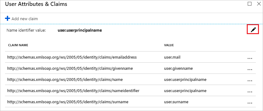 Screenshot shows the User Attributes & Claims pane with the Edit icon called out.