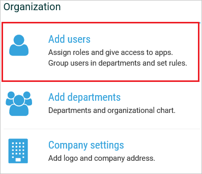 Screenshot shows the Organization section with Add users selected.