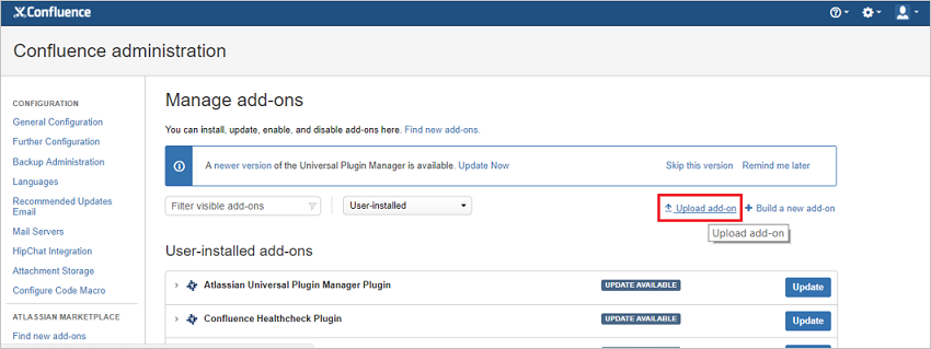 Screenshot that shows the "Manage add-ons" page with the "Upload add-on" action selected.