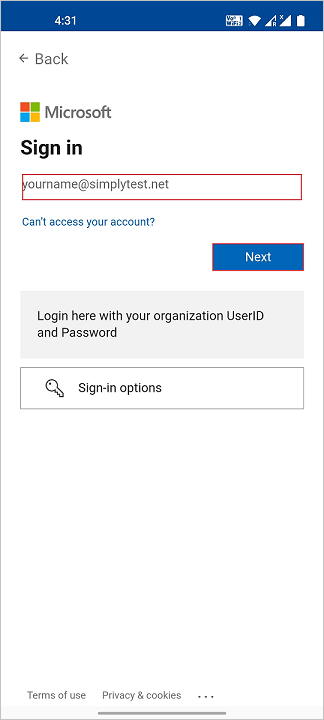 screeenshot for mobile appilcation Microsoft Entra credentials.