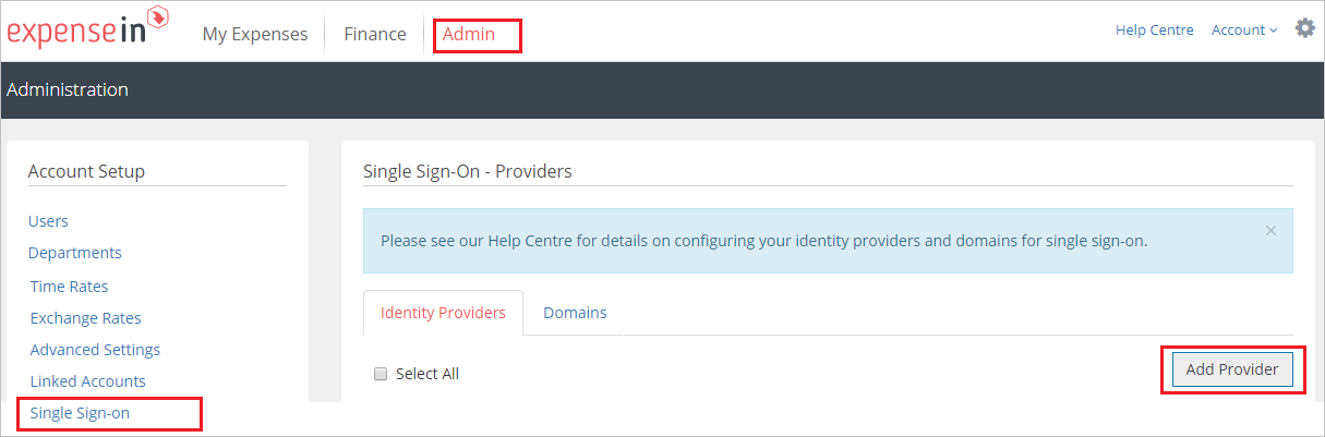 Screenshot that shows the "Admin" tab and the "Single Sign-On - Providers" page and "Add Provider" selected.