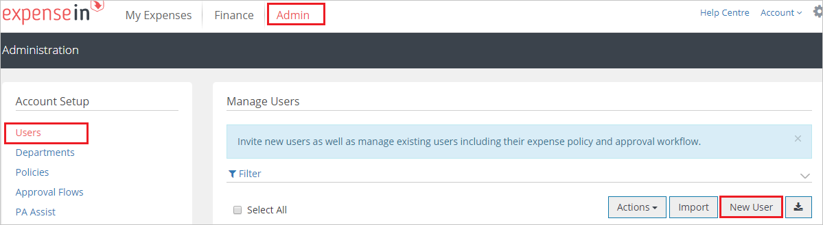 Screenshot that shows the "Admin" tab and the "Manage Users" page with "New User" selected.