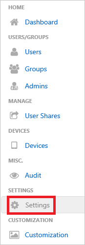 Screenshot that shows "Settings" highlighted in the left navigation pane.