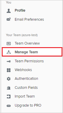 Screenshot that shows "Manage Team" selected.