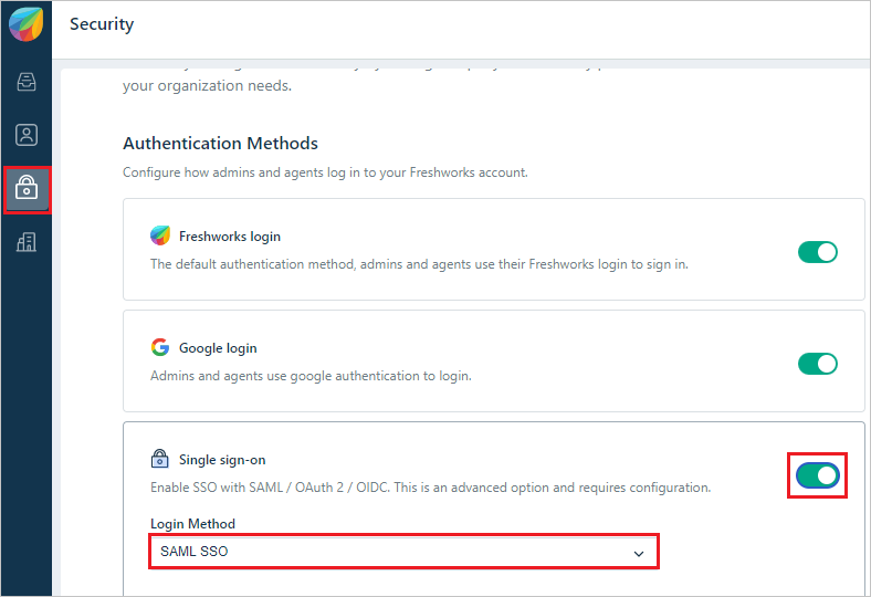 Screenshot that shows the "Security - Authentication Methods" section with "Single sign-on" option turned on and "S A M L S S O" selected.