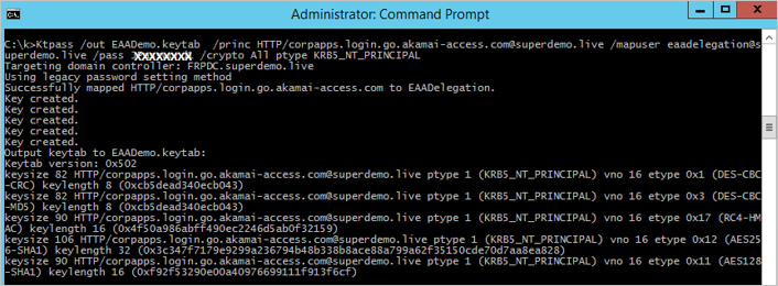 Screenshot of an Administrator Command Prompt showing the results of the command for creating a Keytab File for AKAMAI EAA.
