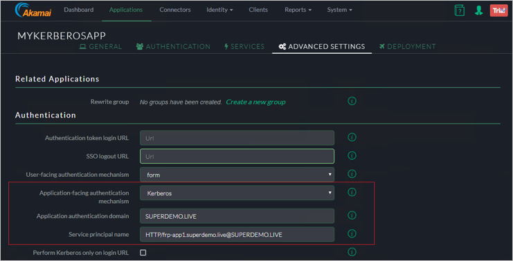 Screenshot of the Akamai EAA console Advanced Settings tab for MYKERBOROSAPP showing settings for Related Applications and Authentication.