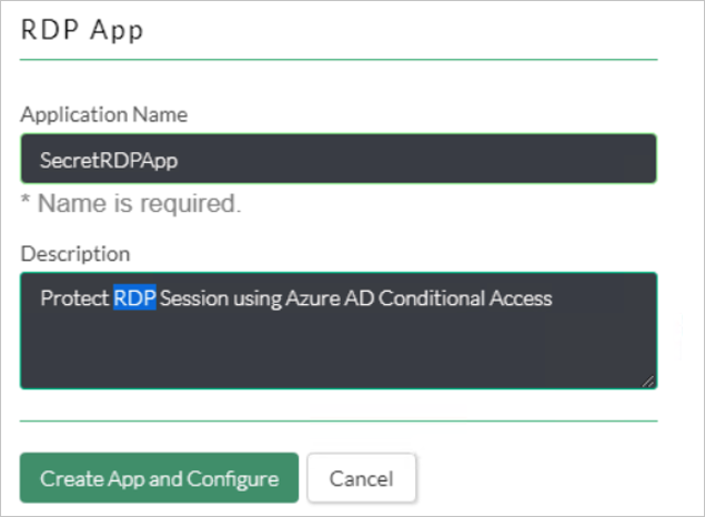 Screenshot of a RDP App dialog showing settings for Application Name and Description.