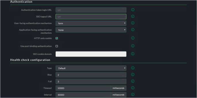 Screenshot of the Akamai EAA console Advanced Settings tab for SECRETRDPAPP showing the settings for Authentication and Health check configuration.