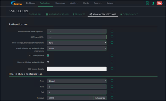 Screenshot of the Akamai EAA console Advanced Settings tab for SSH-SECURE showing the settings for Authentication and Health check configuration.