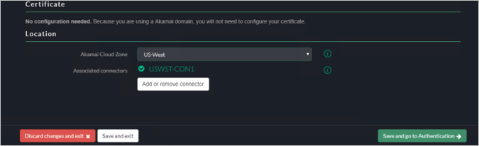 Screenshot of the Akamai EAA console showing settings for Certificate and Location.