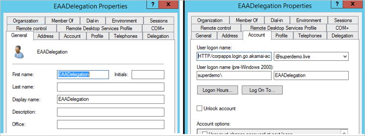 Screenshot showing EAADelegation Properties with First name set to "EAADelegation" and User logon name set to HTTP/corpapps.login.go.akamai-access.com.