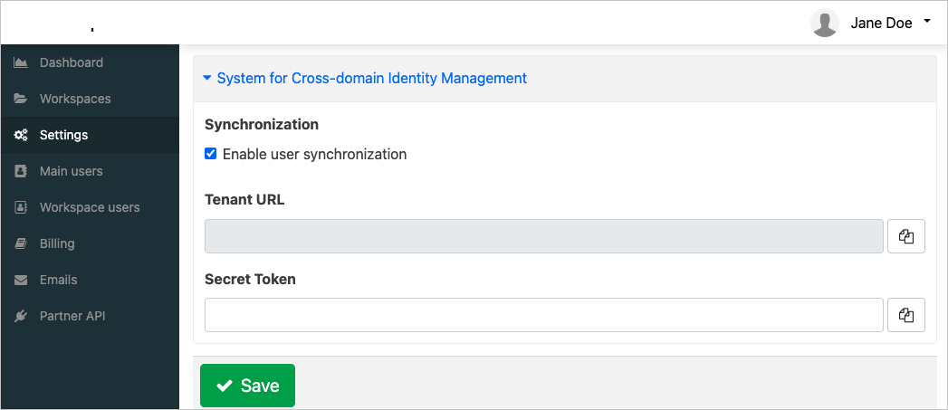 Screenshot of the System for Cross-domain Identity Management section in the settings list.