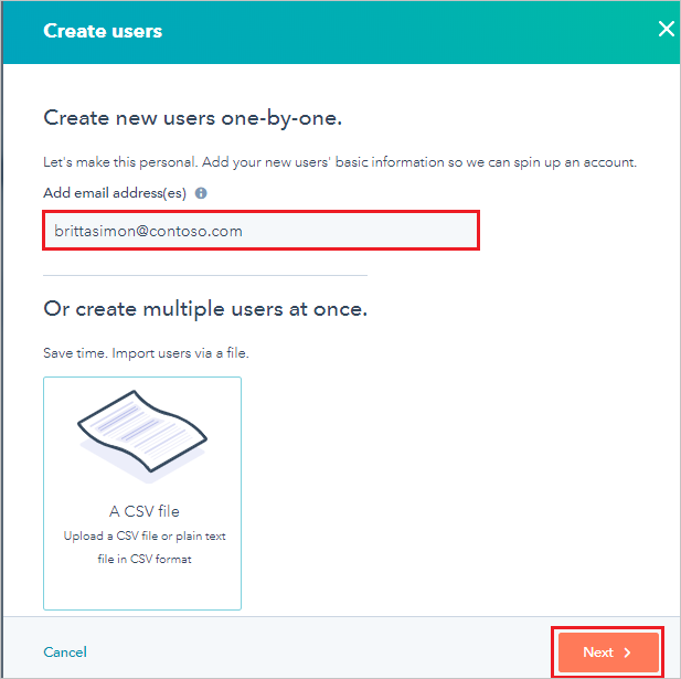 The Add email address(es) box in the Create users section in HubSpot