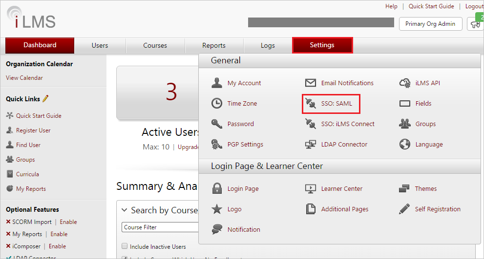 Screenshot shows the I L M S settings tab where you can select S S O: SAML.