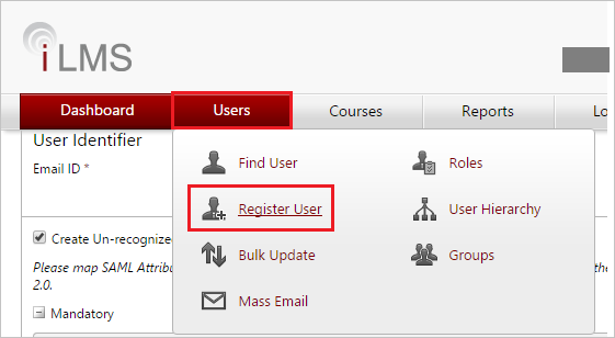 Screenshot shows the I L M S settings tab where you can select Register User.
