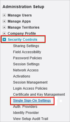 Screenshot shows Single Sign-On Settings selected from Security Controls.