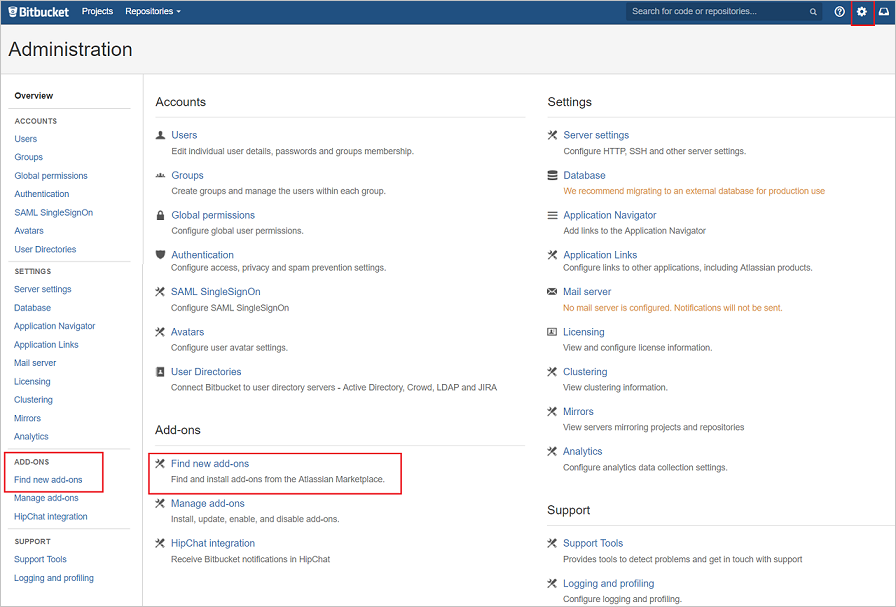 Screenshot shows BitBucket Administration with Find new add-ons selected.