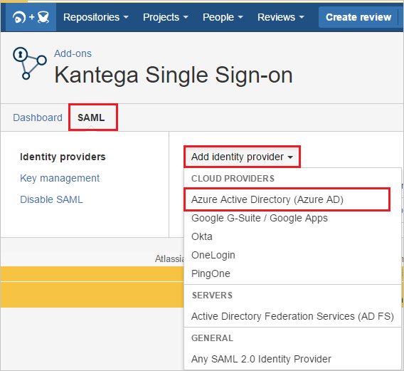 Screenshot that shows the "Add-ons - Kantega Single Sign-on" page with the "Add identity provider" drop-down and "Microsoft Entra ID" selected.