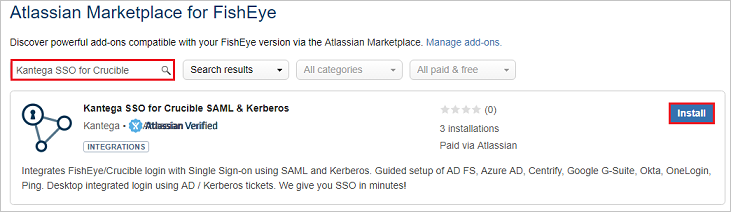 Screenshot that shows the "Attlasian Marketplace for FishEye" page with "Kantega S S O for Crucible" in the search box and the "Install" button selected.