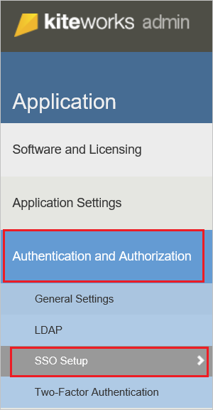 Screenshot that shows "S S O Setup" selected from the "Authentication and Authorization" section.