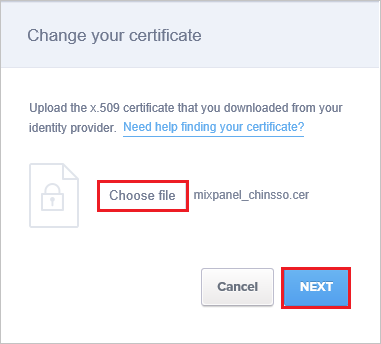 Screenshot shows the Change your certificate dialog box where you can choose a certificate file.