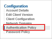 Screenshot shows Authentication Policy selected from Configuration.