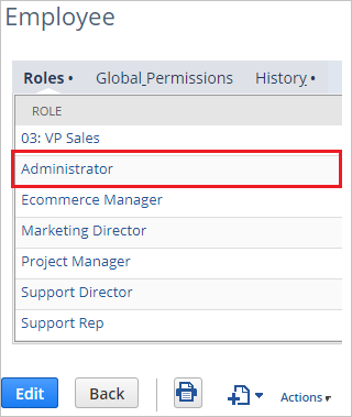 Screenshot shows Administrator selected from Employee.