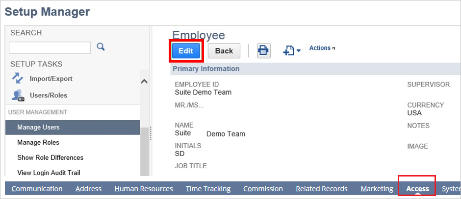 Screenshot shows the Manage Users pane where you can select Edit.