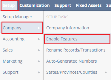 Screenshot shows Enable Features selected from Company.