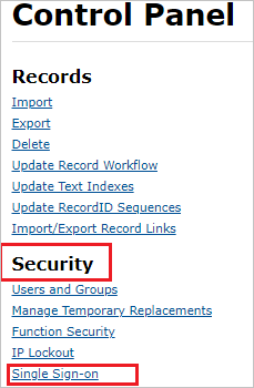 Screenshot shows Single Sign-on selected from the Security menu.