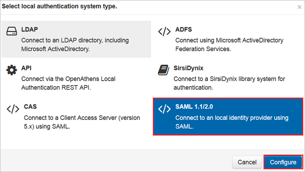 Screenshot that shows the "Select local authentication system type." dialog with "S A M L 1.1/2.0" and the "Configure" button selected.