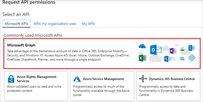 Screenshot that shows the "Request A P I permissions" page with the "Microsoft A P I" tab and "Microsoft Graph" tile selected.