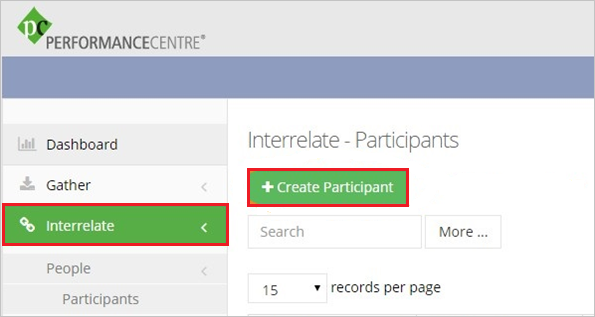 Screenshot that shows the "PerformanceCenter" company site "Interrelate -Participants" page with the "Create Participant" button selected.
