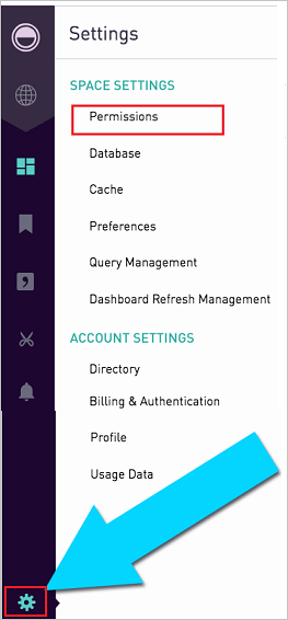 Screenshot that shows the "Settings" menu with "Permissions" selected.