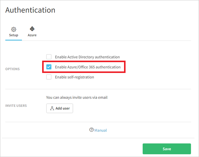 Screenshot shows the Printix.net page where you can select Enable Azure/Office 365 authentication.